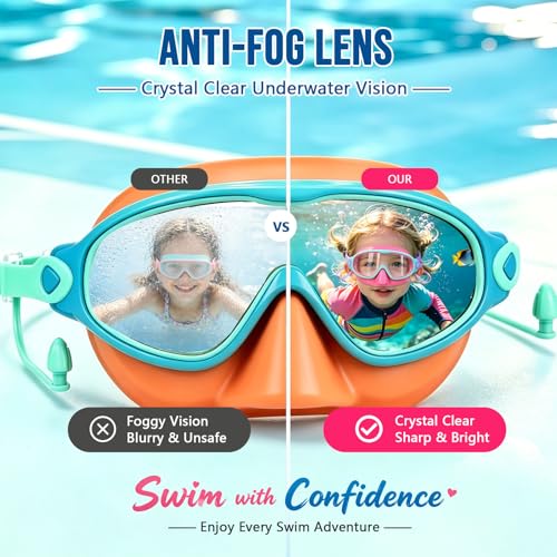 Kids Swim Goggles with Anti-Fog & Nose Cover - NIESTVUA, Pink/Green & Orange/Green