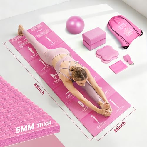Foldable Yoga Mat Set with 2 Yoga Blocks & Strap - Pink