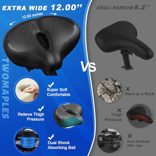 Twomaples Noseless Bike Seat Cushion - Extra Wide Comfort, Pitch Black
