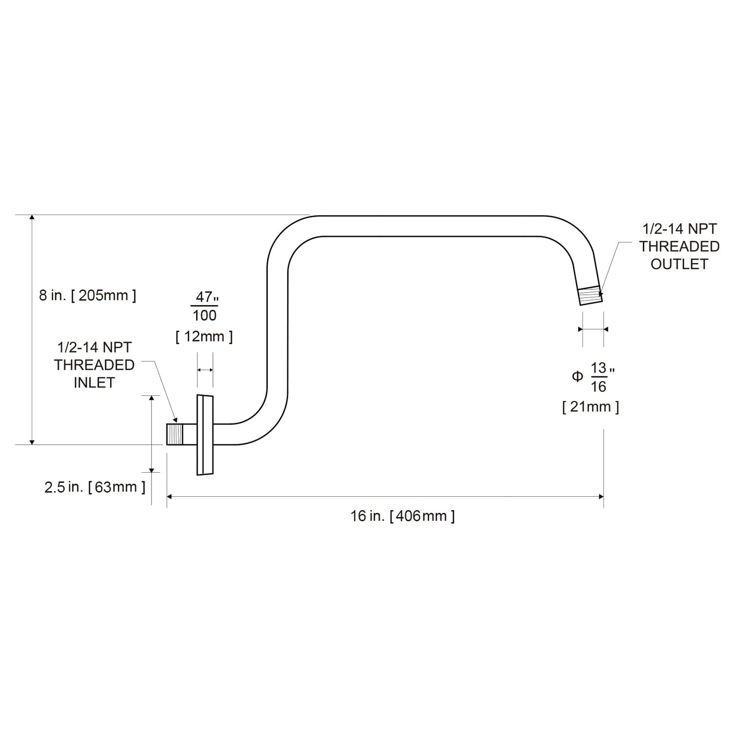 OFFO Shower Head Extension Arm 16 in, S Shaped High Rise Extender with Flange Shower Head Pipe Arm, Matte Black