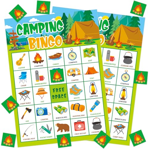 Camping Bingo Game for Kids - 24 Player Set with Calling Cards and Chips