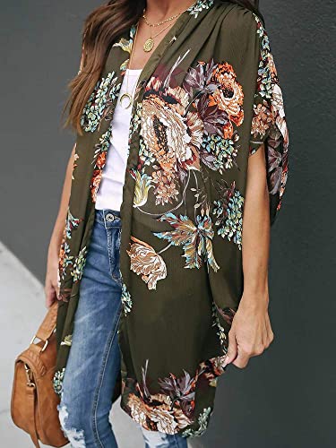 Floral Kimono Duster Cardigan - Short Sleeve Beach Cover Up - Army Green, Small