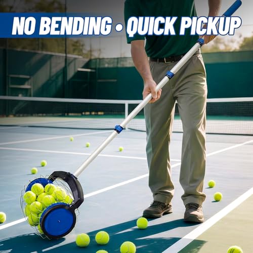 Tennis Ball Picker with Storage Bag - Adjustable Handle, No Bending