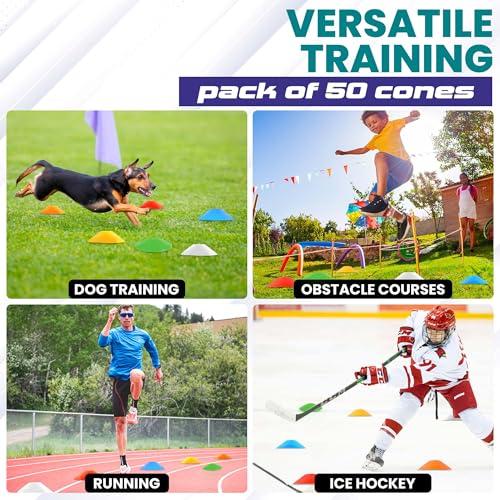 Agility Cone Set - 50 Pack with Carry Bag & Holder - 5 Colors