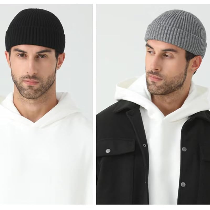 Heniho 3 Pack Wool Fisherman Beanies for Men - Black, Gray, Green, Short Cuffed Knit Hats