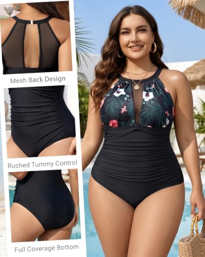 Aqua Eve Plus Size Black Floral One-Piece Swimsuit with Tummy Control and High Neck - 18 Plus