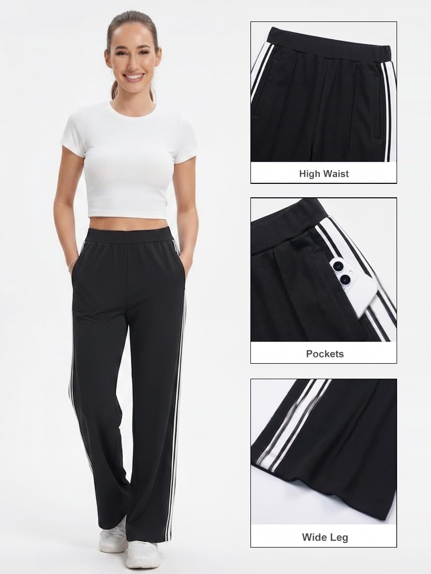 BISUAL Women's Wide Leg Track Pants - High Waisted Cotton Stretch Sweatpants with Contrast Stripes
