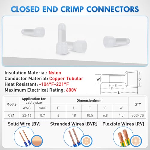 300PCS Closed End Crimp Terminals 22-16 Gauge Nylon Insulated