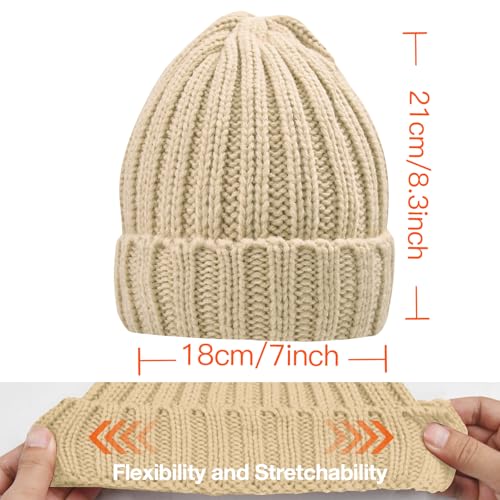 Warm Beige Cable Knit Beanie for Women - Thick Soft Winter Hat