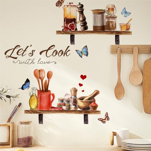Bowl Kitchenware Spice Jar Shelf Butterfly Wall Stickers, sacinora Let¡¯s Cook with Love Wall Decals Removable Vinyl Peel and Stick for Kitchen Dining Restaurant Baking Room Bar Home Decor