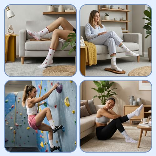 Pilates Socks with Grips for Women - 4 Pairs in Pink, Red, Blue & Green
