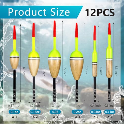 12 Pcs Sonwyoung Slip Bobbers Wood Fishing Floats X-1 X-2 X-3 X-4 X-5 X-6