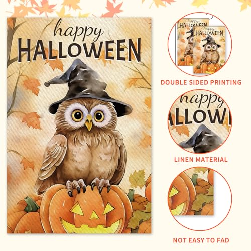 Happy Halloween Garden Flag 12x18 Inch Double-Sided Burlap Pumpkin Owl Yard Sign