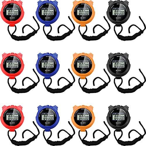 Multi-Function Digital Stopwatch Timer - 12 Pack Black, Blue, Red, Orange