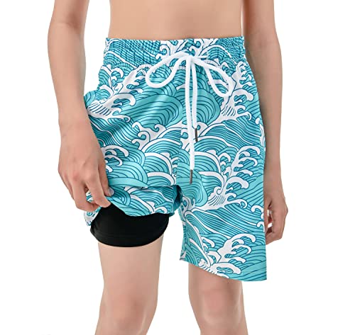 Boys Swim Trunks with Boxer Brief Liner - Quick Dry, Blue White Spray, Size 10-12