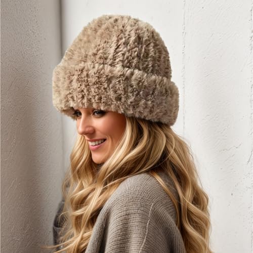 Warm Faux Fur Winter Beanie Hat - Small-Medium Brown