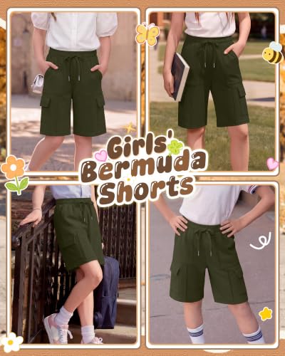 Girls Cargo Bermuda Shorts - Army Green, 9-10 Years