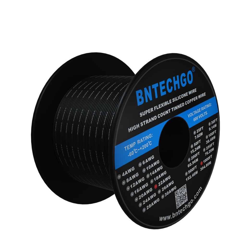 BNTECHGO 22 Gauge Silicone Wire Spool 1000 ft Black Flexible 22 AWG Stranded Tinned Copper Wire