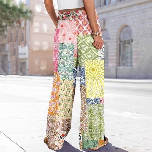 Boho Palazzo Pants for Women - High Waist Floral Lounge Trousers - Small Q Mint Green