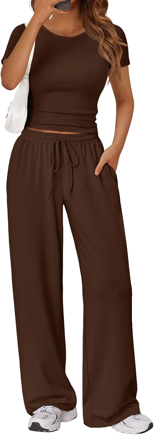 Trendy Queen 2-Piece Summer Lounge Set - Women's Wide Leg Pants & Ruching Crop Top