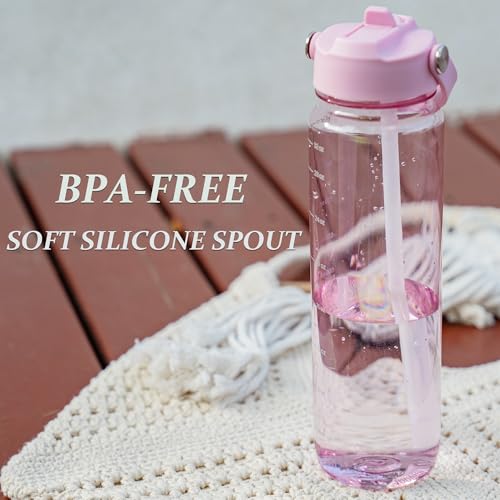 GOPPUS 32oz Bright Pink Clear Water Bottle with Flip Straw - Lightweight, Leakproof BPA-Free Tritan for Sports & Travel