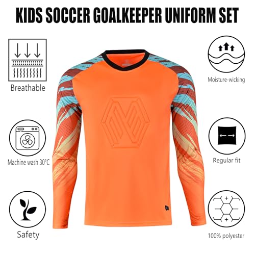 Kids Soccer Goalie Jersey & Shorts Set - Youth Long Sleeve Uniform, Size 13-14 Years, Orange