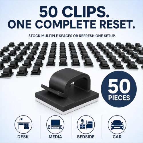 Adhesive Cable Clips - 50 Pack Wire Organizer & Cord Holder - Black