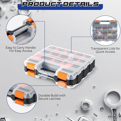NATGAI 2 Pack Small Parts Organizers, 34-Compartments Double-Sided Tool Box with Removable Dividers for Hardware, Screws, Bolts, Nails & Fishing Accessories, Durable Plastic Storage Case (Orange)