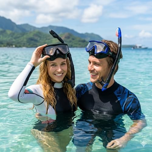 EXP VISION 2-Pack Black & Blue Panoramic 3 Window Snorkel Masks with Dry Top Snorkels for Diving & Swimming