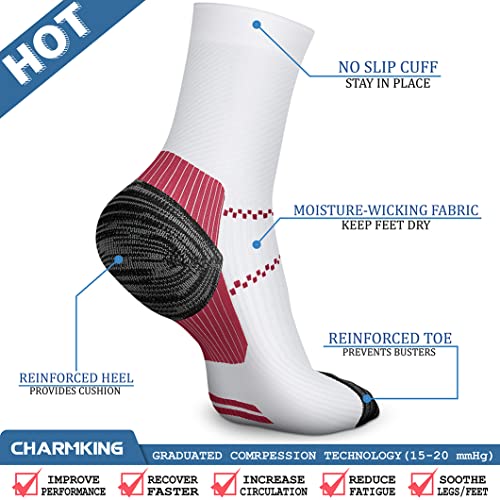 CHARMKING Small-Medium Compression Socks 15-20 mmHg for Men & Women - White/Blue/Pink/Blue, All-Day Wear & Running