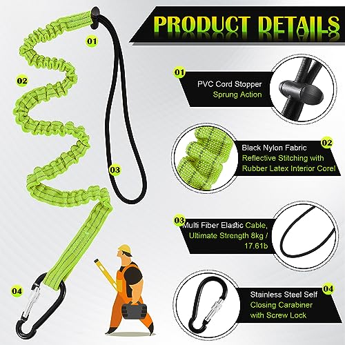 12 Pack Tool Lanyard with Single Metal Buckle and Adjustable Loop End, Standard Length, Maximum Weight Limit 8KG/ 17.6lb, with Aluminum Screw Lock, Retractable Shock Cord Stopper (Green)