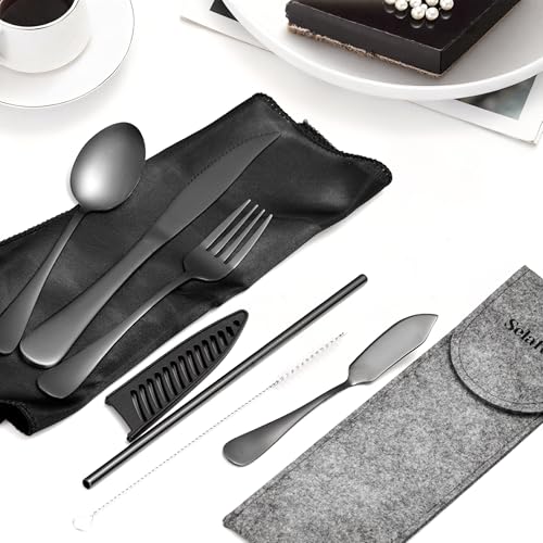 Portable Camping Cutlery Set - Eco-Friendly Silverware with Case - Black