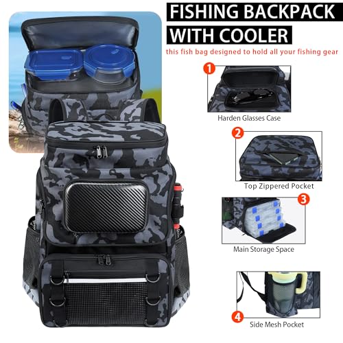 SKAITU Camo Fishing Backpack with Rod Holder, Cooler & 139 Lures, Large 50L Tackle Bag