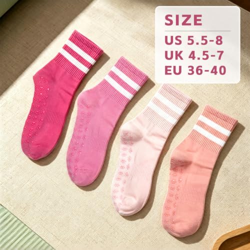 Non-Slip Pilates Socks with Grip - 4 Pairs, Stripe Colors