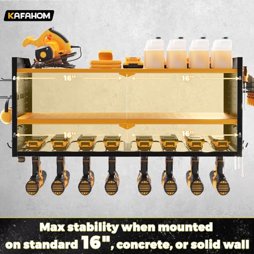 KAFAHOM Power Tool Organizer with Charging Station, Built in 8 Outlet Power Strip,Large 8 Drill Holder Wall Mount, Heavy Duty Metal Power Tool Storage Rack Tool Shelf for Garage Organization Black
