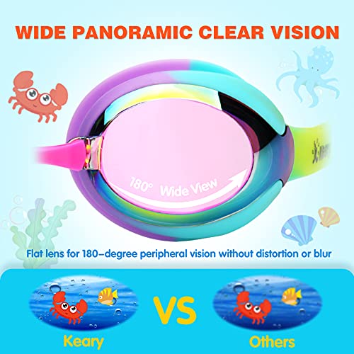 Keary Kids Mirrored Pink Swim Goggles for 3-12 Years, Anti-Fog & UV Protection