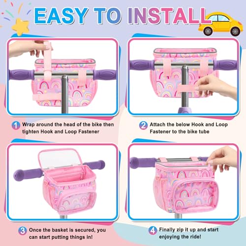 Kids Waterproof Pink Bike Handlebar Basket with Shoulder Strap - Toy & Snack Storage