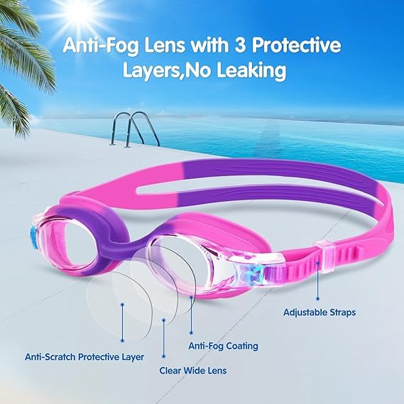 Kids Swim Goggles - Anti-Fog Lenses, UV Protection, Purple Pink