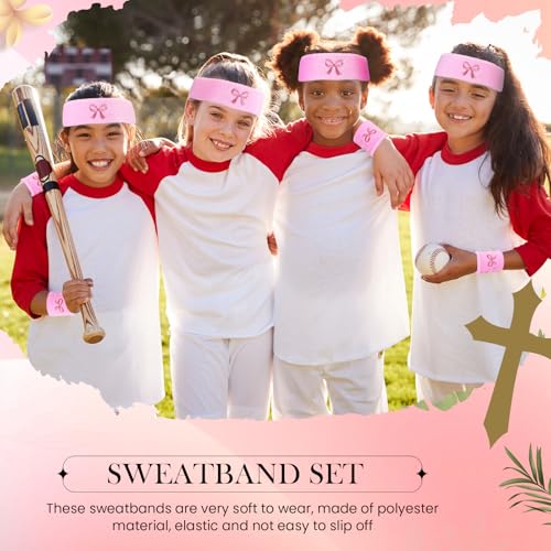 Sports Headband & Wristband Set - Pink Bow Theme - 6 Pcs