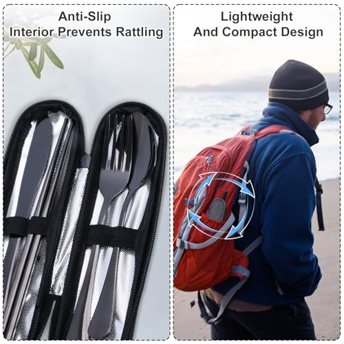 5-Piece Stainless Steel Travel Utensils Set with Carrying Case - Black