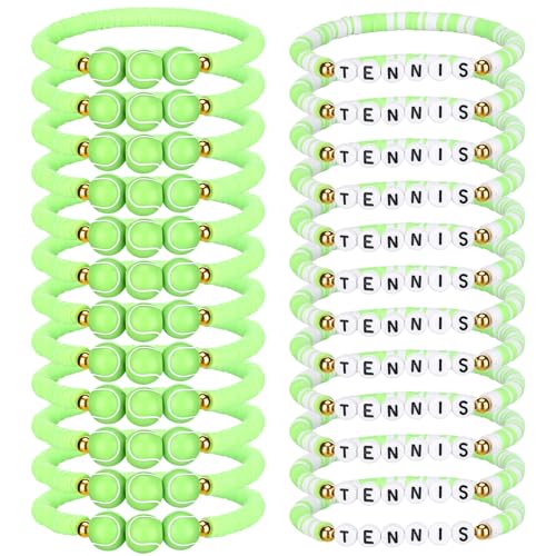 24 Pcs Tennis Ball Beaded Sports Wristbands - Green & White