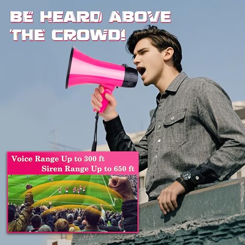Pink MyMealivos 20W Megaphone Bullhorn with Recording & Siren, 300ft Range, Portable Indoor & Outdoor Use