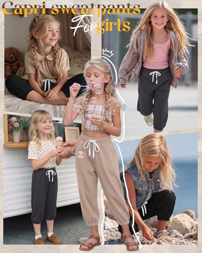 Girls Capri Joggers - 3 Pack Crop Pants, Black+Khaki+Dark Gray, 9-10 Years