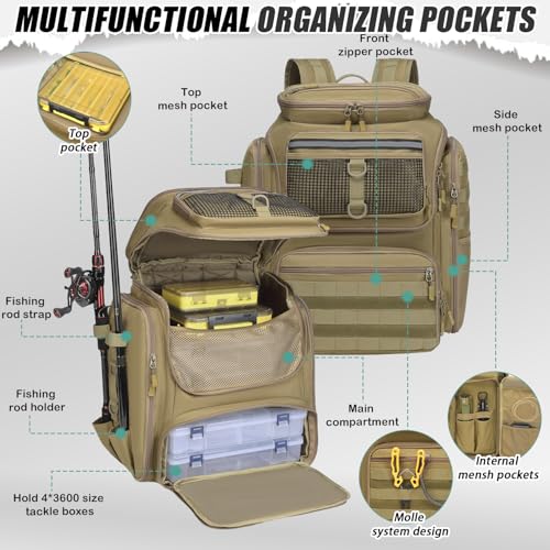 HAMBOLY 45L Fishing Backpack with Rod Holders & Foldable Divider - Brown