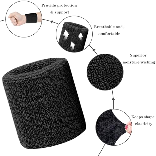 Wrist Sweatbands for Sports - 8 Pack, Black Cotton Bands