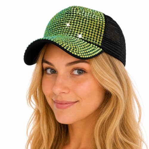 Bling Rhinestone Mesh Visor Cap - Adjustable Denim Hat Black+Green