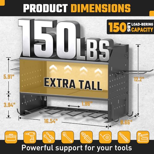 Power Tool Organizer Wall Mount, 3 Layer Charging Station with 6 Outlets, 4 Drill Holders and Drill Bit Rack, Tool Holder Storage Shelf Rack for Garage, Workbench and Workshop, Black