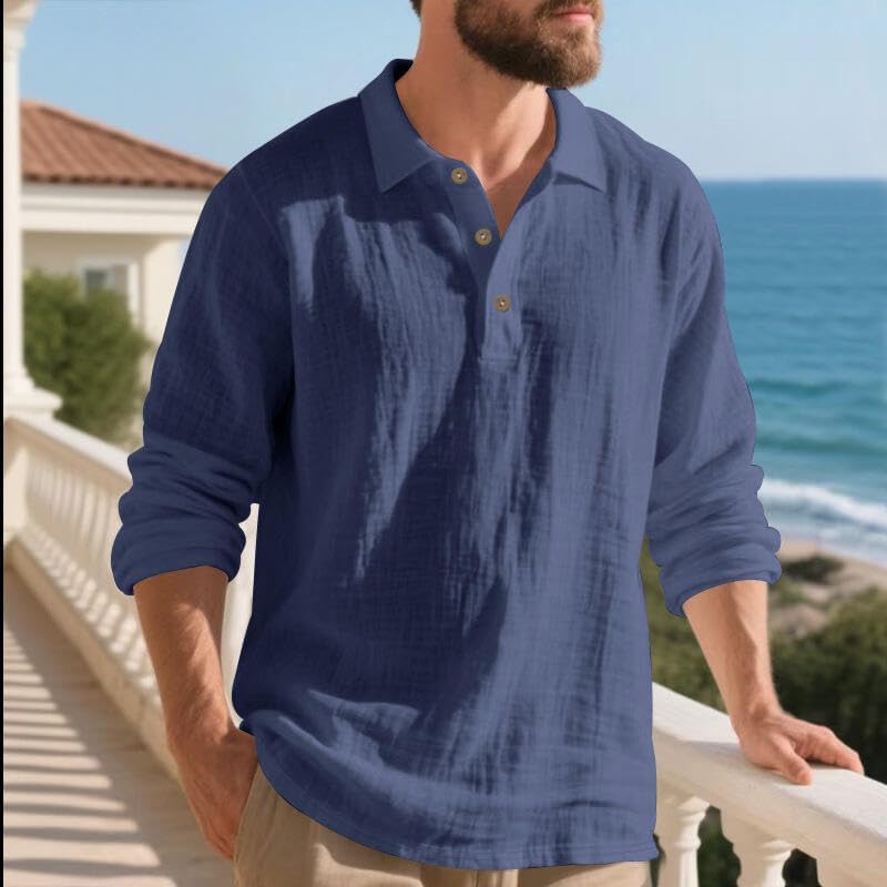 Skiennix Casual Linen Blend Shirt - Men's Long Sleeve Solid White for Spring & Autumn Wear