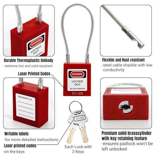 10 Pack Lockout Tagout Locks, Steel Cable Compact Loto Safe Padlock Set, Red Keyed Lock with 20 Keys, Different Numbers Safety Locks for Electrical Stations and Devices Kits