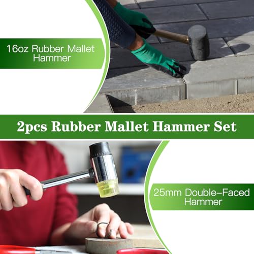 2pcs Mallet Set, 16oz & 25mm Double-Faced Soft Rubber Mallet, for Flooring, Woodworking, Furniture Repair